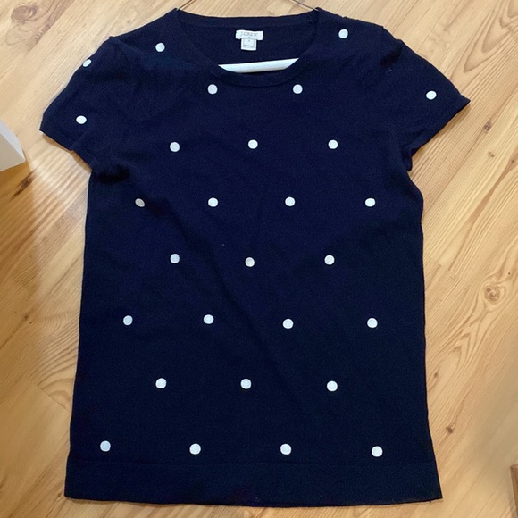 J. Crew Short Sleeve Sweater, Navy Blue w White Polka Dot Detail sz S - Picture 1 of 3
